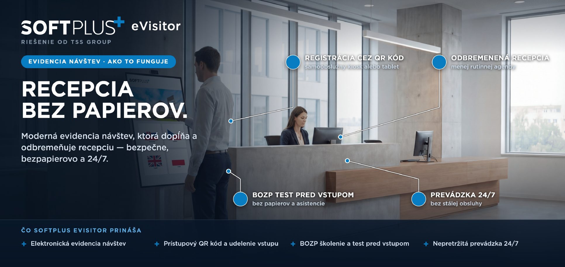 SOFTPLUS eVisitor – priebeh evidencie návštevy: registrácia cez QR kód na samoobslužnom kiosku alebo tablete, odbremenená recepcia s menšou rutinnou agendou, BOZP test pred vstupom bez papierov a asistencie a nepretržitá prevádzka 24/7 bez stálej obsluhy